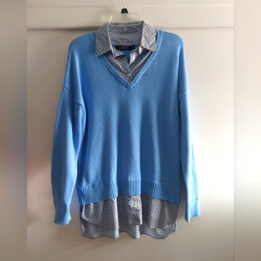 Lauren Ralph Lauren Paisley Collared Shirt Tail sweater blue Large Preppy